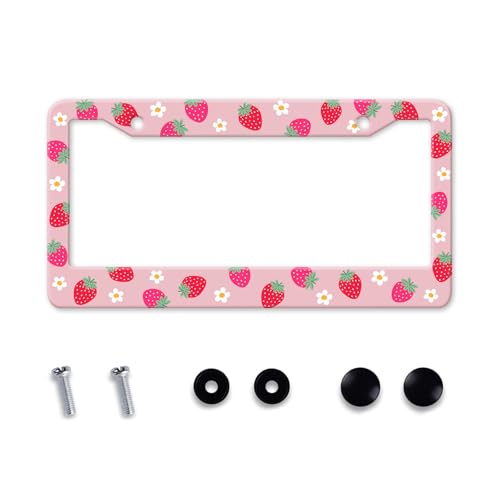 Strawberry License Plate Frame Flower Fruit Cute License Plate Frame Holder Covers with Screw Caps Kawaii Girly Metal Aluminum Rustproof Car Accessories for Women 12x6 Inch (Strawberry)