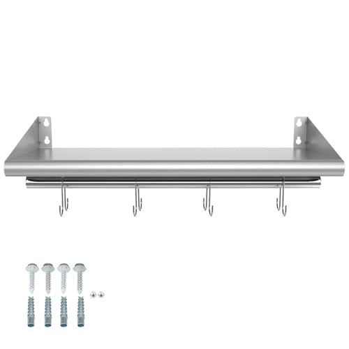 12" x 24" Stainless Steel Wall Mounted Shelf with 4 Hooks (12" x 24" / 1 Piece)