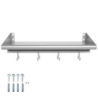 12" x 24" Stainless Steel Wall Mounted Shelf with 4 Hooks (12" x 24" / 1 Piece)