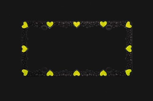 3D Daisy Heart License Plate Frame from Pure Zinc Alloy Metal Perfect Plate Holder (Matt Black with Yellow Reflective Heart)