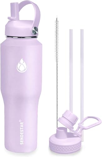 32oz Water Bottle Wide Mouth Stainless Steel Vacuum Insulated Double Wall with 2 Straw Lids Fit in Any Car Cup Holder (Lilac / 32 Ounces)