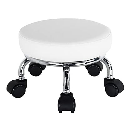 Modern Roller Seat PU Leather Low Round Rolling Stool 360° Swivel Small Seat with Universal Wheels Foot Stool for Home Office Garage Shop Fitness Sport H：8.6" （White） (White)
