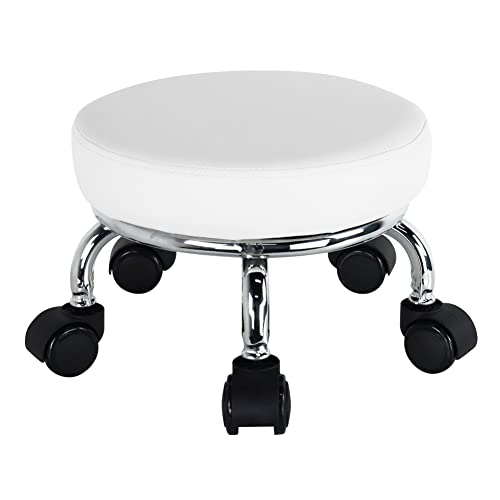 Modern Roller Seat PU Leather Low Round Rolling Stool 360° Swivel Small Seat with Universal Wheels Foot Stool for Home Office Garage Shop Fitness Sport H：8.6" （White） (White)