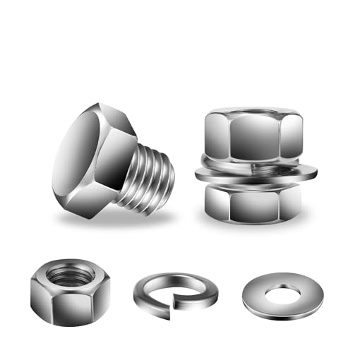 1/4-20 x 3/8" Hex Head Screw Bolt, Nuts, Flat & Lock Washers, 10Pcs 18-8 (304) Stainless Steel, Fully Threaded, by SG TZH (1/4-20 x 3/8" / Silver)