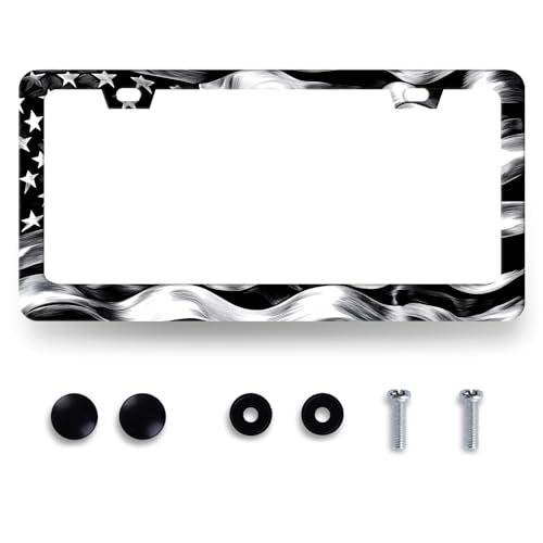 Black White American Flag License Plate Frame Patriotic License Holder (Vintage American Flag Black White Flag)
