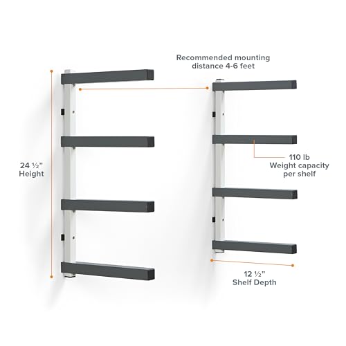 4 Level Lumber Storage Rack Wood and Garage Organization Space Saving Metal Shelf for Pipes (White and Gray / 4-Level)