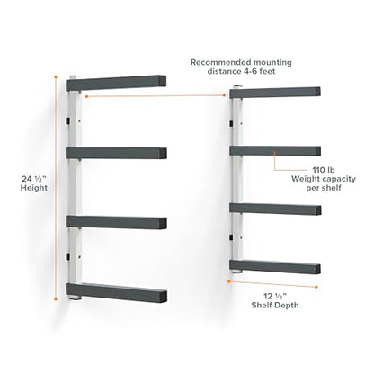 4 Level Lumber Storage Rack Wood and Garage Organization Space Saving Metal Shelf for Pipes (White and Gray / 4-Level)