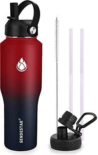32oz Water Bottle Wide Mouth Stainless Steel Vacuum Insulated Double Wall with 2 Straw Lids Fit in Any Car Cup Holder (Carbon Red / 32 Ounces)
