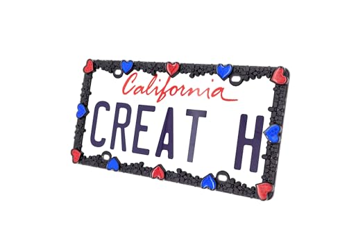 3D Daisy Heart License Plate Frame from Pure Zinc Alloy Metal Perfect Plate Holder (Matt Black with Blue and Red Reflective Heart)