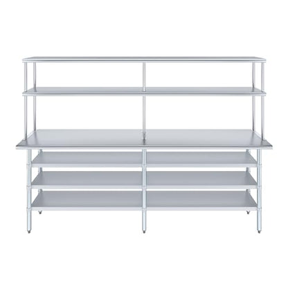 18" x 96" Stainless Steel Work Table with 3 Shelves and 12" Wide Double Tier Overshelf (18" x 96" Table with 3 Shelves + 12" Overshelf)