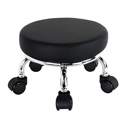 Modern Roller Seat PU Leather Low Round Rolling Stool 360° Swivel Small Seat with Universal Wheels Foot Stool for Home Office Garage Shop Fitness Sport H：8.6" （Black） (Black)