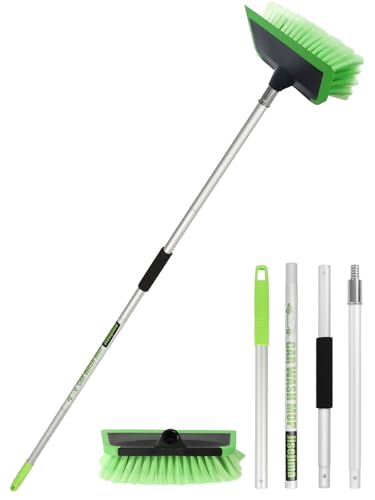 2 in 1 Car Wash Brush with Squeegee PBT Soft Bristle Truck Scrub Detail Brush 60” 151cm with Adjustable Long Handle for Interior Exterior Car Truck RV Boat Deck House Siding Cleaning Sweep Snow