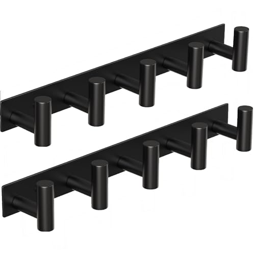 Coat Rack Wall Mounted with 5 Hooks ("T" Shape 5 Hooks - 2 Pack / Black)