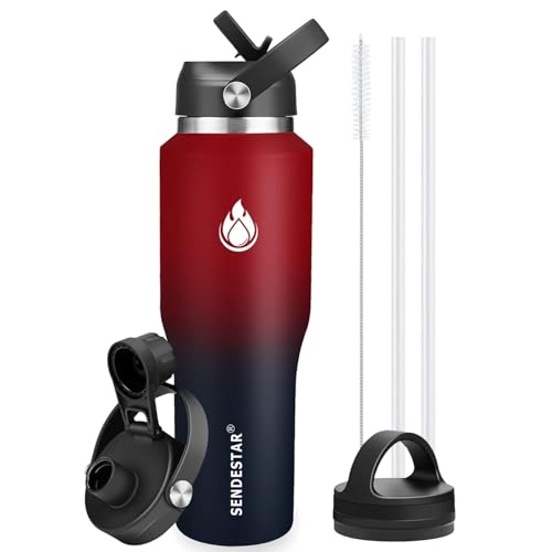 40oz Water Bottle Wide Mouth Stainless Steel Vacuum Insulated Double Wall with 2 Straw Lids Fit in Any Car Cup Holder (Carbon Red / 40 Ounces)