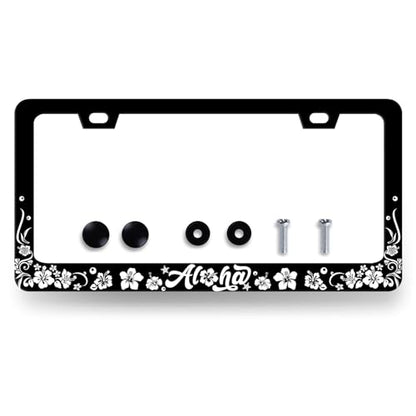 Stainless Steel Aloha Hibiscus Flowers License Plate Frame 12.2 x 6.2 Inch (Hibiscus Flower Aloha Floral)