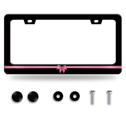 Pink Bow License Plate Frame Stainless Steel Accessory 12.3" x 6.3" (Cute Pink Pattern)