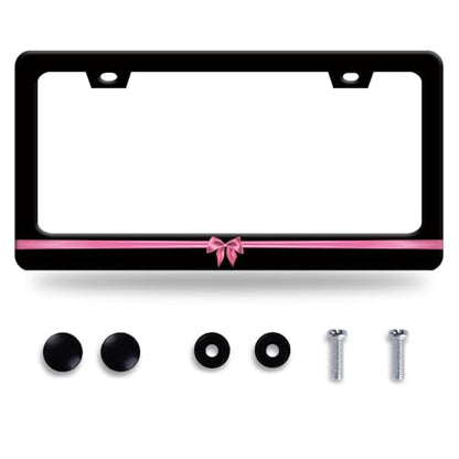 Pink Bow License Plate Frame Stainless Steel Accessory 12.3" x 6.3" (Cute Pink Pattern)