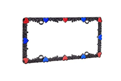 3D Daisy Heart License Plate Frame from Pure Zinc Alloy Metal Perfect Plate Holder (Matt Black with Blue and Red Reflective Heart)