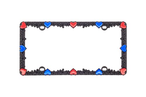 3D Daisy Heart License Plate Frame from Pure Zinc Alloy Metal Perfect Plate Holder (Matt Black with Blue and Red Reflective Heart)
