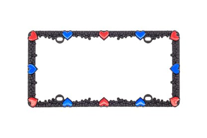 3D Daisy Heart License Plate Frame from Pure Zinc Alloy Metal Perfect Plate Holder (Matt Black with Blue and Red Reflective Heart)