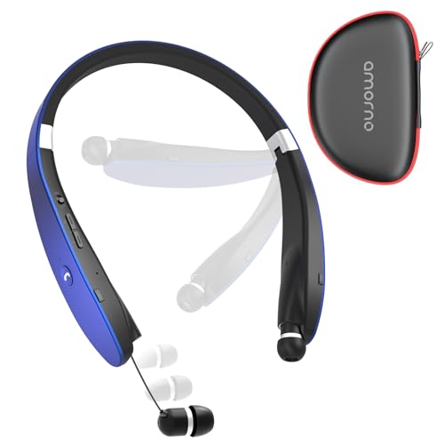 Foldable Bluetooth Headphones Wireless Neckband Headset with Retractable Earbuds (Blue)