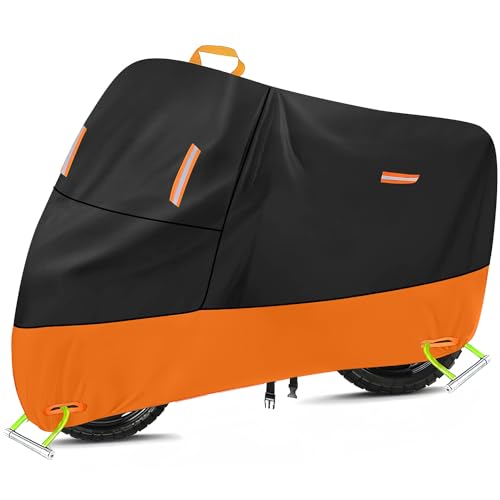Large Motorcycle Cover Heavy Duty Motorcycle Tarp All Season Durable Waterproof Outdoor Protection Lock Holes Storage Bag Fit up to 80 inch Honda Grom Navi Scooter (Black & Orange 1 / L (74" x 37" x 43"))