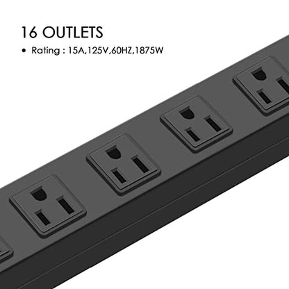 16 Outlet Metal Wall Mount Power Strip (Black / 15 ft)