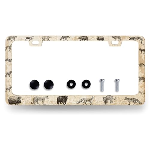 Stainless Steel Retro Personalize Animals License Plate Frame 12.2 x 6.2 in (Retro Animal Pattern)