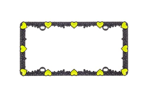 3D Daisy Heart License Plate Frame from Pure Zinc Alloy Metal Perfect Plate Holder (Matt Black with Yellow Reflective Heart)