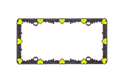 3D Daisy Heart License Plate Frame from Pure Zinc Alloy Metal Perfect Plate Holder (Matt Black with Yellow Reflective Heart)