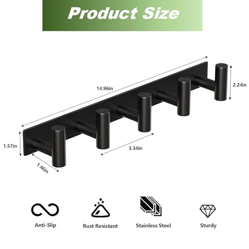 Coat Rack Wall Mounted with 5 Hooks ("T" Shape 5 Hooks - 2 Pack / Black)