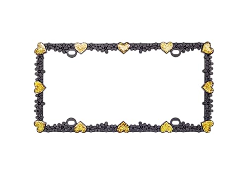 3D Shining Daisy Heart License Plate Frame from Pure Zinc Alloy Metal Perfect Plate Holder (Matt Black with Gold Glitter, Luminously Heart)
