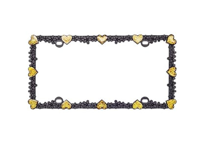 3D Shining Daisy Heart License Plate Frame from Pure Zinc Alloy Metal Perfect Plate Holder (Matt Black with Gold Glitter, Luminously Heart)