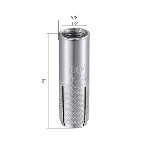 20 pcs) 1/2"-13 Premium Stainless Steel Drop in Anchors Assortment, Knurled Drop-in-Anchor for Solid Concrete, Internal Forced Expansion Screw Bolts (1/2"-13 / SS)
