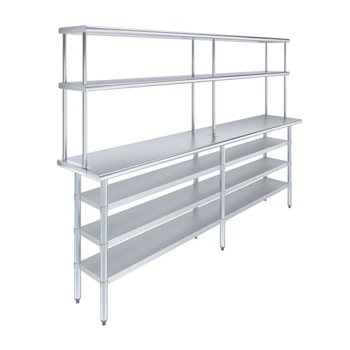 18" x 96" Stainless Steel Work Table with 3 Shelves and 12" Wide Double Tier Overshelf (18" x 96" Table with 3 Shelves + 12" Overshelf)