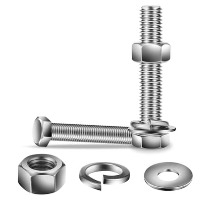 3/8-16 x 4 Hex Head Screw Bolt, Nuts, Flat & Lock Washers, 10Pcs 18-8 (304) Stainless Steel, Fully Threaded, by SG TZH (3/8-16 x 4" / Silver)