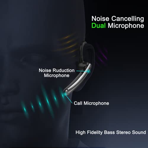 Single Ear Wireless Bluetooth Earphone Noise Cancelling Stereo Dual HD Mic Headphone Earpiece 16Hrs Hands (Black Gray)