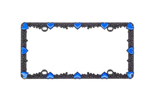 3D Daisy Heart License Plate Frame from Pure Zinc Alloy Metal Perfect Plate Holder (Matt Black with Blue Reflective Heart)