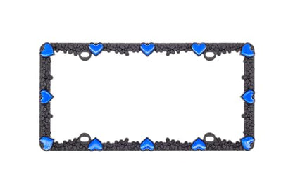 3D Daisy Heart License Plate Frame from Pure Zinc Alloy Metal Perfect Plate Holder (Matt Black with Blue Reflective Heart)