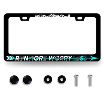 Run More Worry Less License Plate Frame StainlessSteel Funny License Holder (Run More Worry Less-Funny Text)