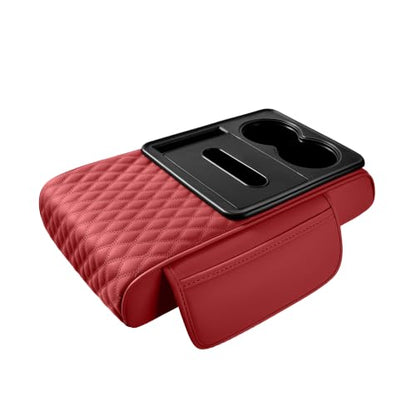 5-in-1 Car Center Console Armrest Cover Pad, Multifunctional Car Arm Rest Organizer with Cup Holder, Tissue Slot & Side Storage Pockets, Soft Leather Auto Armrest Cushion, Black, Claret (Claret)