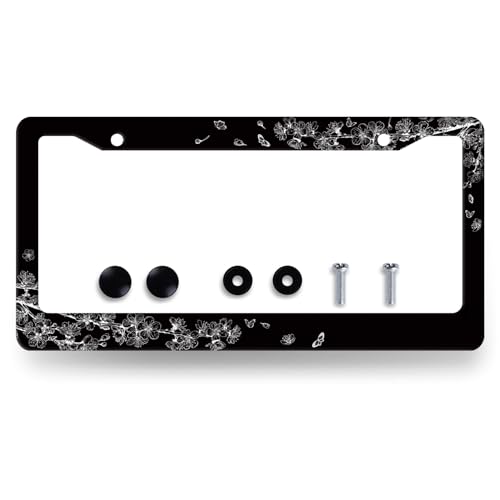 Stainless Steel Black White Cherry Blossom License Plate Frame 12.2 x 6.2In (Cherry Blossom Butterfly)