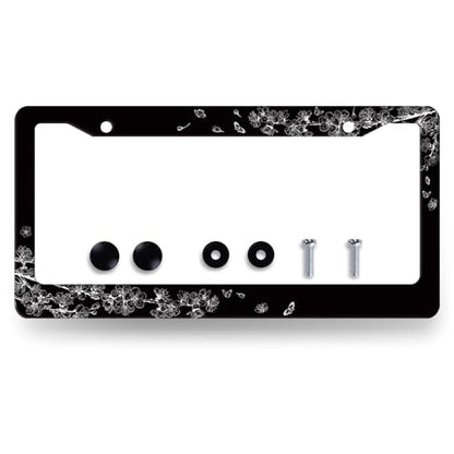 Stainless Steel Black White Cherry Blossom License Plate Frame 12.2 x 6.2In (Cherry Blossom Butterfly)