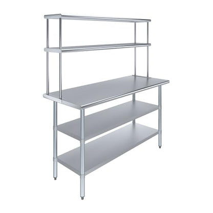 Stainless Steel Work Table with 2 Shelves (24" x 60" Table With 2 Shelves + 12" Overshelf)