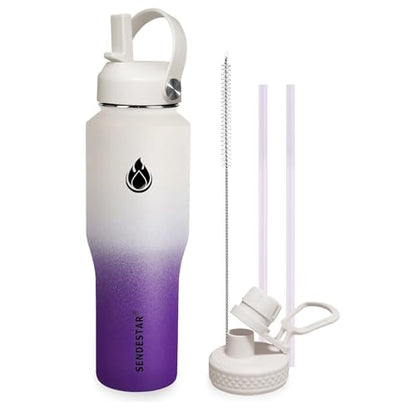 32oz Water Bottle Wide Mouth Stainless Steel Vacuum Insulated Double Wall with 2 Straw Lids Fit in Any Car Cup Holder TXIN (White&Voilet / 32 Ounces)