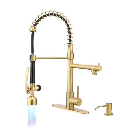 Commercial Kitchen Faucets with Pull Down Sprayer Brushed Gold LED (Brushed Gold)