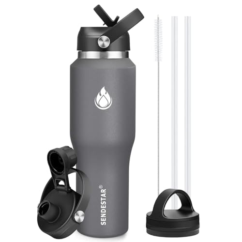 40oz Water Bottle Wide Mouth Stainless Steel Vacuum Insulated Double Wall with 2 Straw Lids Fit in Any Car Cup Holder (Dark Gray / 40 Ounces)