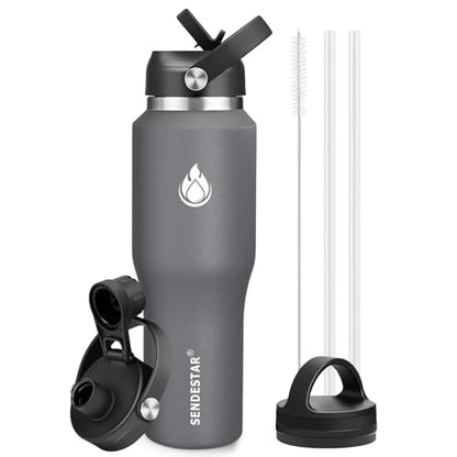 40oz Water Bottle Wide Mouth Stainless Steel Vacuum Insulated Double Wall with 2 Straw Lids Fit in Any Car Cup Holder (Dark Gray / 40 Ounces)