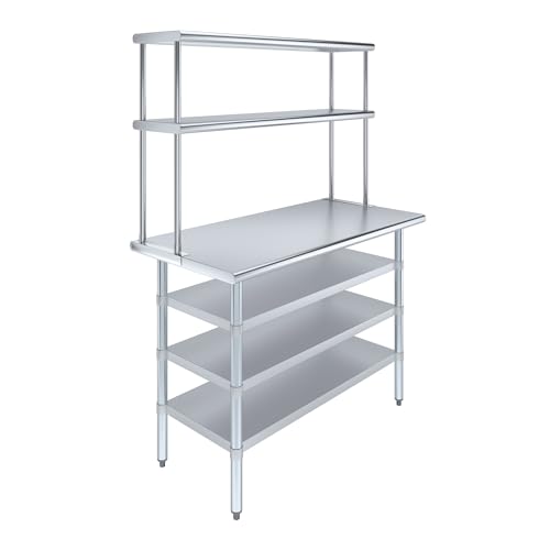 24" x 48" Stainless Steel Work Table with 3 Shelves and 12" Wide Double Tier Overshelf (24" x 48" Table with 3 Shelves + 12" Overshelf)