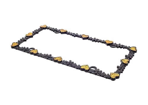 3D Shining Daisy Heart License Plate Frame from Pure Zinc Alloy Metal Perfect Plate Holder (Matt Black with Gold Glitter, Luminously Heart)